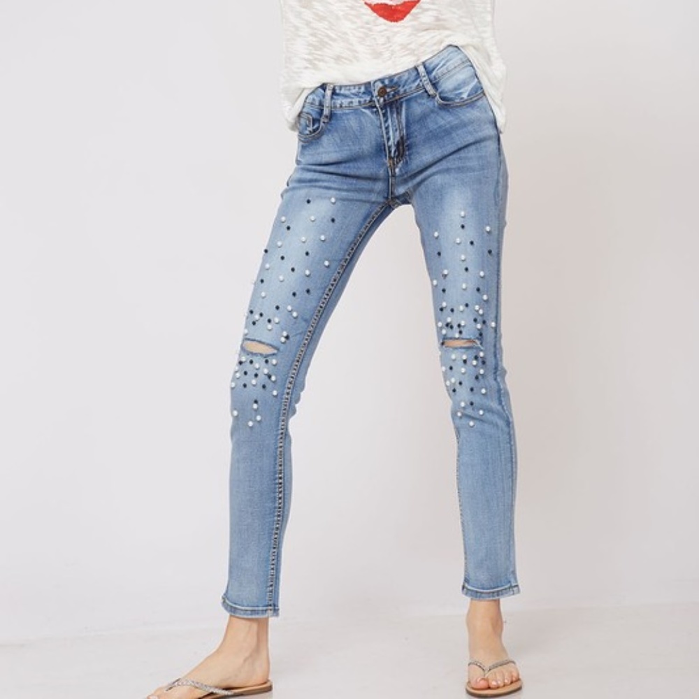 beaded trim washed skinny denim jean